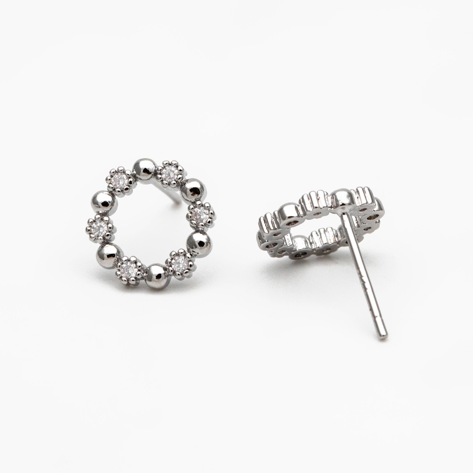 10pcs CZ Pave Gold/ Silver Round Circle Stud Earrings, Gold/ Rhodium plated Brass, 10mm Hoop Stud Earrings (GB-4309)
